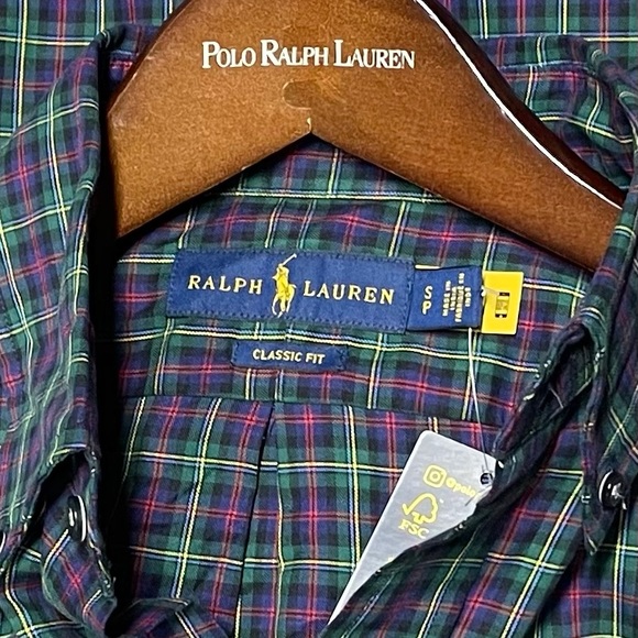 POLO RALPH LAUREN Mens Green Blue Plaid Twill Button Down Shirt Small Brand New - Picture 5 of 5
